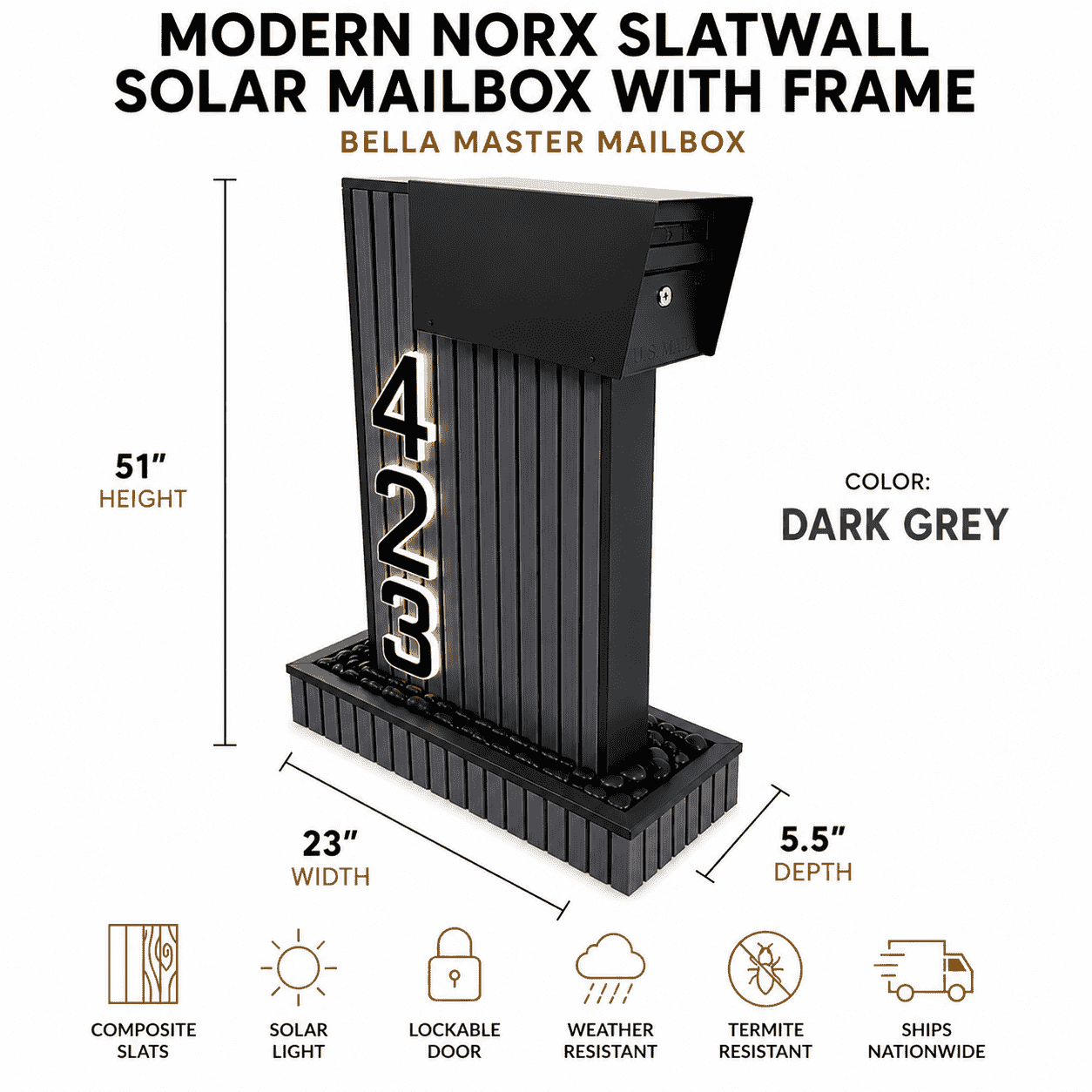 Modern NORX Composite Mailbox with Solar Light
