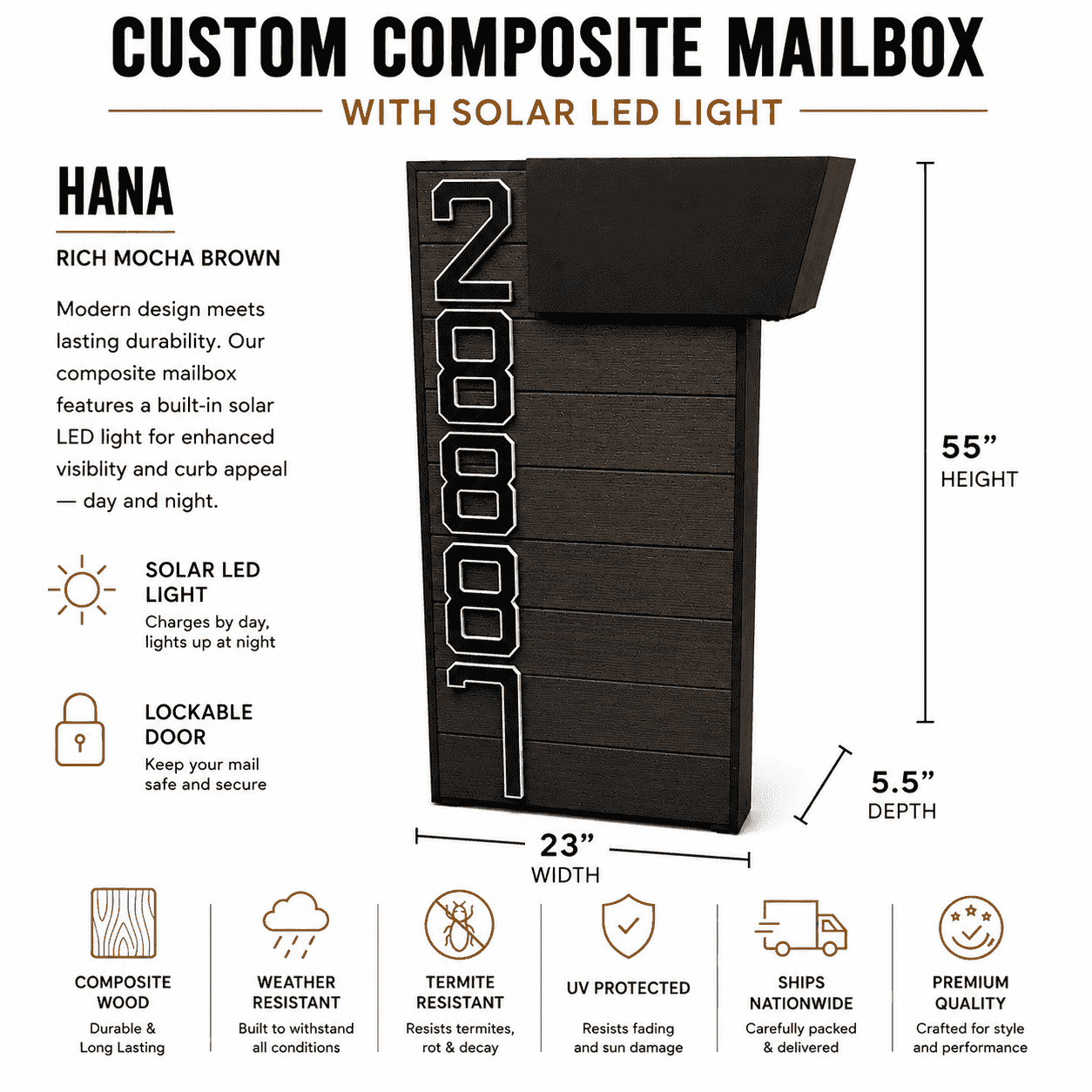 Buzón de Composite Personalizado con Luz LED Solar