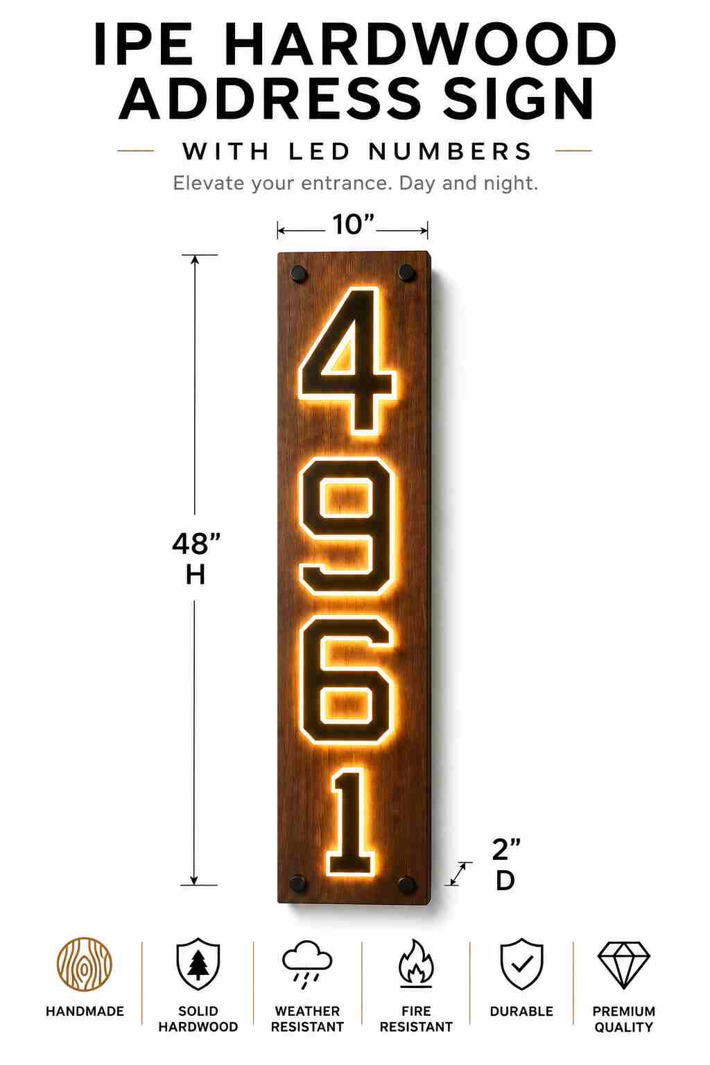 Letrero de Dirección en Madera IPE con Números LED