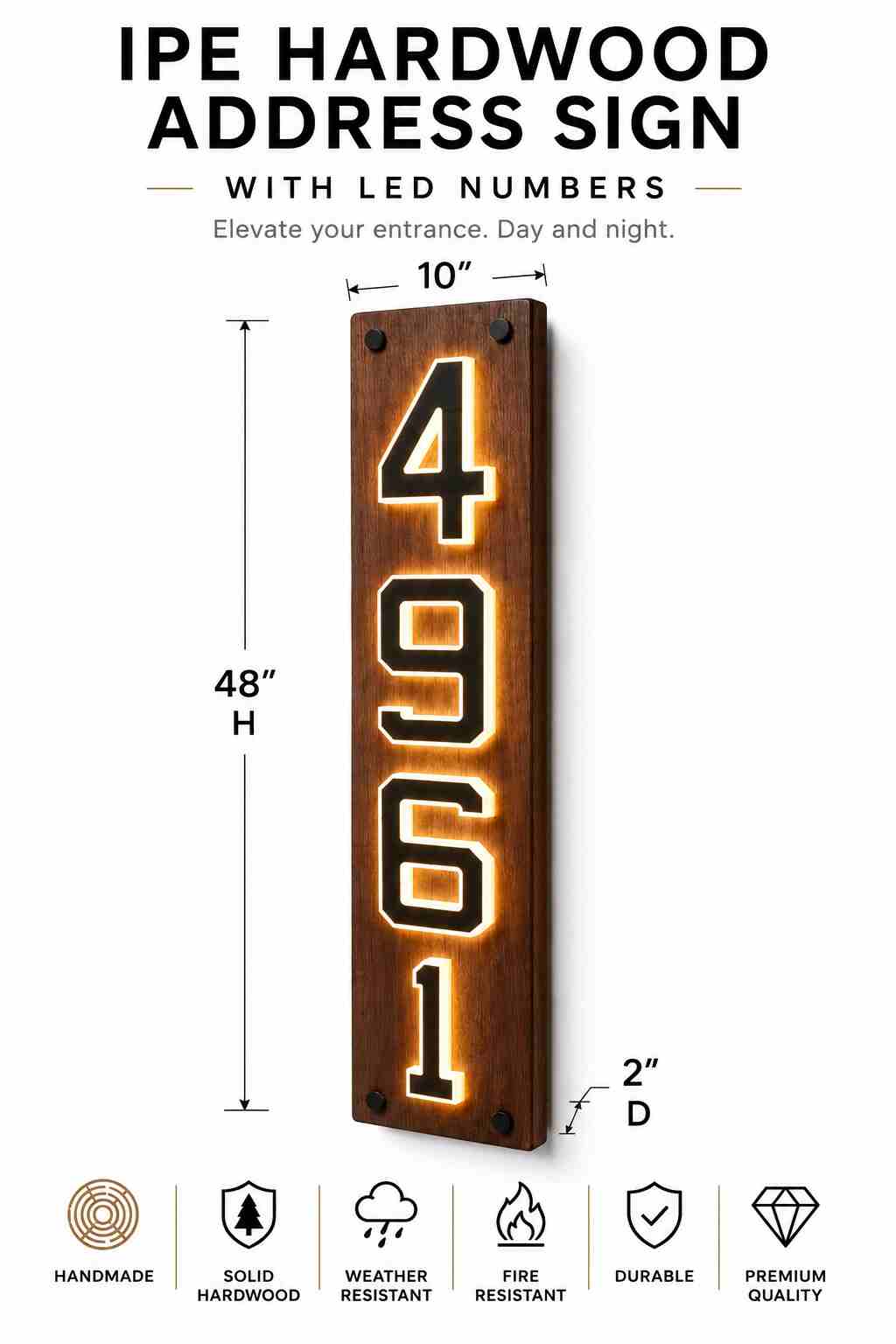Letrero de Dirección en Madera IPE con Números LED