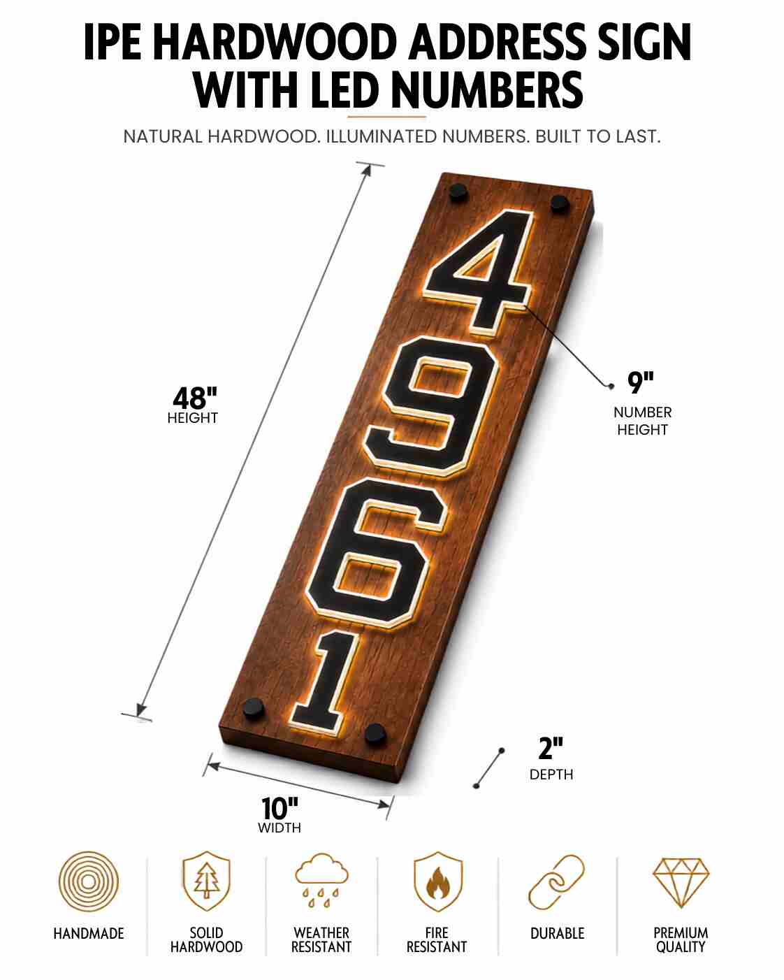 Letrero de Dirección en Madera IPE con Números LED